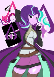 Size: 739x1052 | Tagged: safe, artist:holo, starlight glimmer, equestria girls, g4, assassin, assassin's creed, clothes, crossover, cute, female, glimmerbetes, looking at you, miniskirt, skirt, smiling, socks, solo, thigh highs, zettai ryouiki