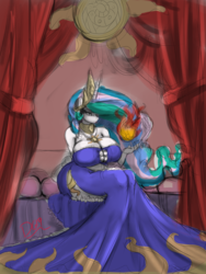 Size: 1800x2400 | Tagged: safe, artist:thelunarmoon, princess celestia, anthro, g4, big breasts, breasts, busty princess celestia, cleavage, clothes, colored sketch, dress, female, fire, huge breasts, magic, solo, stupid sexy celestia