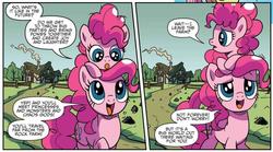 Size: 1051x583 | Tagged: safe, artist:pencils, idw, official comic, pinkie pie, earth pony, pony, g4, spoiler:comic, spoiler:comicidw2020, comic, duo, female, filly, filly pinkie pie, mare, ponies riding ponies, riding, self ponidox, self riding, sitting on head, speech bubble, time paradox, younger