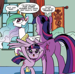 Size: 653x647 | Tagged: safe, artist:pencils, idw, official comic, princess celestia, twilight sparkle, alicorn, pony, unicorn, g4, spoiler:comic, spoiler:comicidw2020, :o, adorkable, amazed, bipedal, butt, cute, dork, ethereal mane, female, filly, filly twilight sparkle, looking up, mare, open mouth, plot, self ponidox, speech bubble, spread wings, time paradox, trio, twiabetes, twibutt, twilight sparkle (alicorn), unicorn twilight, wings, younger