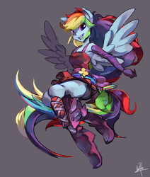 Size: 2800x3300 | Tagged: safe, artist:elex09, rainbow dash, equestria girls, g4, rainbow rocks, armpits, beautiful, boots, clothes, dress, eared humanization, female, gloves, gray background, high res, looking at you, shoes, signature, simple background, skirt, smiling, solo, tailed humanization, upskirt, winged humanization, wings