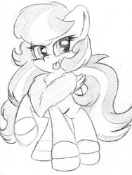 Size: 1513x2016 | Tagged: safe, artist:zemer, oc, oc:feather belle, pony, chest fluff, cuffs (clothes), monochrome, tongue out, traditional art