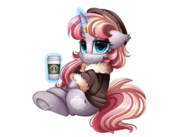 Size: 2950x2350 | Tagged: safe, artist:pridark, oc, oc only, pony, unicorn, clothes, coffee, coffee cup, commission, cup, female, high res, horn, horn ring, levitation, magic, mare, simple background, sitting, smiling, smug, solo, starbucks, telekinesis, transparent background, underhoof