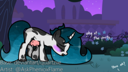 Size: 1920x1080 | Tagged: safe, artist:steamyart, oc, oc only, oc:phenioxflame, cow pony, pony, unicorn, base used, blushing, female, lactation, milk, milk squirt, party, solo, udder