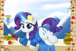 Size: 4300x2903 | Tagged: safe, artist:theretroart88, rarity, pony, unicorn, g4, my little pony: the movie, chalice, clothes, cloud, cute, female, flower, flower in hair, food, fruit, goblet, looking at you, magic, mare, mountain, raribetes, rose, smiling, solo, telekinesis, vase
