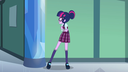 Size: 1920x1080 | Tagged: safe, screencap, sci-twi, twilight sparkle, equestria girls, g4, my little pony equestria girls: friendship games, clothes, crossed arms, crystal prep academy uniform, female, glasses, hair bun, pleated skirt, school uniform, shoes, skirt, socks, solo, what more is out there