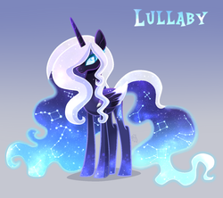Size: 1361x1210 | Tagged: safe, artist:sugaryicecreammlp, oc, oc only, oc:lullaby, alicorn, pony, adopted offspring, alicorn oc, constellation, constellation hair, ethereal mane, female, gradient background, hair over one eye, mare, parent:nightmare moon, slender, solo, starry mane, tall, thin