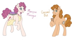 Size: 2391x1333 | Tagged: safe, artist:pastel-charms, oc, oc only, oc:caramel bell, oc:carmel bell, oc:marzipan meringue, oc:taffy twirl, earth pony, pony, cupcake, female, food, mare, offspring, parent:cheese sandwich, parent:pinkie pie, parents:cheesepie, redesign, simple background, white background