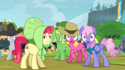 Size: 2880x1616 | Tagged: safe, screencap, amethyst star, apple bumpkin, cherry berry, flounder (g4), lucky clover, rainbowshine, sparkler, teddie safari, wensley, earth pony, pegasus, pony, unicorn, g4, trade ya!, apple family member, background pony, bonnet, cowboy hat, female, hat, looking at camera, looking at the camera, looking at you, male, mare, missing cutie mark, rainbow waterfall, raised hoof, shocked, stallion, weather team, winter wrap up vest
