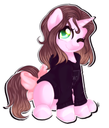 Size: 2179x2549 | Tagged: safe, artist:bl--blacklight, oc, oc only, oc:cindy, pony, unicorn, bow, clothes, female, high res, hoodie, mare, one eye closed, simple background, sitting, solo, tail bow, transparent background, wink