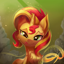 Size: 2048x2048 | Tagged: safe, artist:tony-retro, sunset shimmer, pony, unicorn, :p, c:, cheek fluff, chest fluff, crepuscular rays, cute, ear fluff, eyeshadow, female, fluffy, licking, licking lips, lidded eyes, looking at you, makeup, mare, neck fluff, pose, shimmerbetes, shoulder fluff, silly, silly pony, smiling, smirk, solo, tongue out