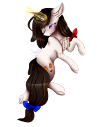 Size: 1800x2361 | Tagged: safe, artist:dawndream2003, oc, oc only, oc:vesime harebell, pony, unicorn, bow, chest fluff, female, hair bow, magic, mare, solo, tail bow, underhoof