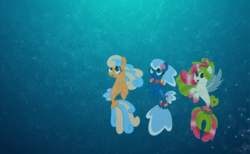 Size: 6000x3705 | Tagged: safe, artist:pilot231, oc, oc only, oc:sea foam ep, oc:shelly shores, oc:watermelana, seapony (g4), female, fins, flower on ear, freckles, gradient hooves, lei, mare, movie accurate, trio, underwater, vector