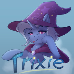 Size: 1800x1800 | Tagged: safe, artist:ardail, trixie, pony, unicorn, g4, clothes, female, hat, looking at you, mare, smiling, solo, tongue out, trixie's hat