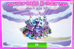 Size: 1032x685 | Tagged: safe, gameloft, pony, g4, my little pony: magic princess, the hearth's warming club, advertisement, christmas, holiday, limited-time story, school of friendship, snow