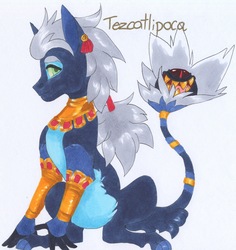 Size: 1742x1845 | Tagged: safe, artist:frozensoulpony, oc, oc only, oc:tezcatlipoca, hybrid, interspecies offspring, male, offspring, parent:ahuizotl, parent:daring do, parents:darizotl, solo, traditional art