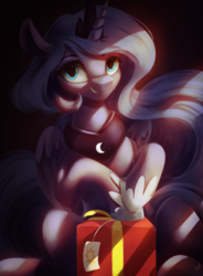 Size: 1443x1964 | Tagged: safe, artist:fluttersheeeee, princess luna, alicorn, pony, g4, black background, crepuscular rays, cute, cutie mark, dark, female, grin, looking at you, lunabetes, mare, present, s1 luna, simple background, sitting, smiling, solo, squee