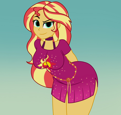 Size: 1900x1800 | Tagged: dead source, safe, artist:mashoart, sunset shimmer, equestria girls, equestria girls specials, g4, my little pony equestria girls: better together, my little pony equestria girls: spring breakdown, breasts, clothes, female, gradient background, leaning, looking at you, no catchlights, sexy, smiling, solo