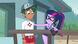 Size: 1280x720 | Tagged: safe, screencap, sci-twi, timber spruce, twilight sparkle, equestria girls, equestria girls series, g4, unsolved selfie mysteries, cap, clothes, female, geode of telekinesis, glasses, hat, legs, lifeguard, lifeguard timber, magical geodes, male, ponytail, sci-twi swimsuit, shorts, sleeveless, swimsuit