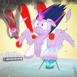 Size: 2048x2048 | Tagged: safe, artist:coloringrainclouds, twilight sparkle, alicorn, pony, g4, beaker, clothes, exclamation point, feather, female, flask, goggles, high res, lab coat, smoke, solo, twilight sparkle (alicorn)
