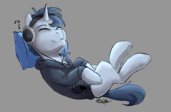 Size: 2121x1389 | Tagged: safe, artist:pucksterv, oc, oc only, oc:tesseract, pony, unicorn, clothes, cute, headphones, hoodie, male, music, pillow, simple background, smiling, solo, stallion