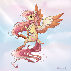 Size: 1633x1633 | Tagged: safe, artist:marbola, fluttershy, pegasus, pony, g4, cloud, colored wings, female, mare, open mouth, sky, solo, tail feathers, underhoof, unshorn fetlocks