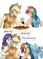 Size: 1502x2048 | Tagged: safe, artist:sadistic star, applejack, rainbow dash, rarity, human, g4, applejacked, arm wrestling, blushing, comic, crying, elf ears, female, humanized, lesbian, muscles, ship:rarijack, shipping, spanish, sweat, tears of pain, translated in the comments, unicorns as elves, winged humanization, wings