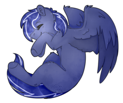 Size: 1678x1404 | Tagged: safe, artist:niyukay, oc, oc only, oc:lightning flare, pegasus, pony, blank flank, commission, curled up, cute, ear fluff, eyes closed, flying, hooves, male, smiling, solo, stallion, wings