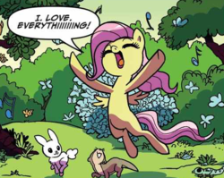 Size: 507x403 | Tagged: safe, idw, fluttershy, pony, g4, my little pony: friendship is magic, my little pony: idw 20/20, the cutie mark chronicles, spoiler:comic, cropped, cute, eyes closed, female, filly, filly fluttershy, shyabetes, singing, so many wonders, solo, younger