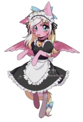 Size: 1068x1557 | Tagged: safe, artist:aniimoni, oc, oc only, oc:bay breeze, pegasus, pony, bell, bell collar, blushing, bow, clothes, collar, cute, dress, female, hair bow, looking at you, maid, mare, open mouth, simple background, tail bow, transparent background, ych result