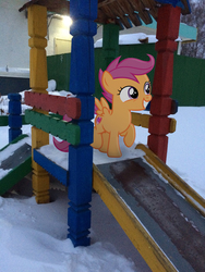 Size: 2448x3264 | Tagged: safe, artist:albertuha, scootaloo, pegasus, pony, g4, female, high res, irl, mare, photo, playground, ponies in real life, raised hoof, smiling, snow, solo, winter
