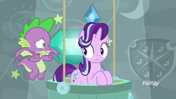 Size: 1920x1080 | Tagged: safe, screencap, spike, starlight glimmer, dragon, pony, unicorn, a matter of principals, g4, female, male, mare, open mouth, winged spike, wings