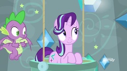 Size: 1920x1080 | Tagged: safe, screencap, spike, starlight glimmer, dragon, pony, unicorn, a matter of principals, g4, female, male, mare, smiling, winged spike, wings