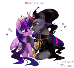 Size: 2362x2164 | Tagged: safe, artist:tingsan, king sombra, twilight sparkle, alicorn, pony, unicorn, g4, clothes, crown, female, happy new year, high res, holiday, jewelry, looking at each other, male, mare, miasma, pictogram, regalia, royalty, ship:twibra, shipping, simple background, smiling, sombra eyes, sparkles, stallion, straight, twilight sparkle (alicorn), white background