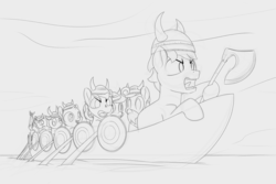 Size: 3000x2000 | Tagged: safe, artist:foal, oc, oc only, pony, axe, boat, colt, helmet, high res, male, monochrome, viking, weapon