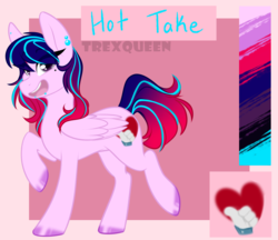 Size: 1773x1529 | Tagged: safe, artist:trexqueen, oc, oc:hot take, pegasus, pony, blue hair, cutie mark, ear piercing, light blue hair, multicolored hair, piercing, pink coat, pink hair, purple eyes