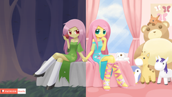 Size: 1920x1080 | Tagged: safe, artist:howxu, fluttershy, bat, bat pony, bear, bird, butterfly, giraffe, penguin, pony, rabbit, unicorn, equestria girls, equestria girls series, g1, g4, apple, bat ponified, bed, clothes, cloud, curtains, cute, diptych, duality, female, flutterbat, food, geode of fauna, grass, holding hands, magical geodes, patreon, patreon logo, plushie, race swap, shoes, shyabetes, sitting, socks, takara pony, tree, wallpaper