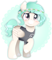 Size: 1200x1387 | Tagged: safe, artist:ilikepony, artist:scarmmetry, oc, oc only, oc:snap happy, pegasus, pony, base used, blaze (coat marking), clothes, coat markings, cute, facial markings, female, floral head wreath, flower, mare, ocbetes, raised hoof, shirt, simple background, smiling, solo, t-shirt, transparent background