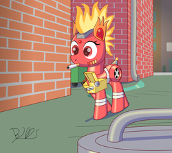 Size: 2000x1780 | Tagged: safe, artist:trackheadtherobopony, oc, oc:zippo, pony, robot, robot pony, alley, cigarette, fire, flamethrower, signature, trash can, weapon