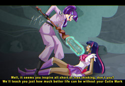 Size: 2950x2033 | Tagged: safe, artist:shinta-girl, starlight glimmer, twilight sparkle, human, the cutie map, anime, boots, cave, chromatic aberration, clothes, egalitarianism, engrish, equal sign, gloves, high heel boots, high heels, human coloration, humanized, lance, magical girl, magical girl outfit, miniskirt, multicolored hair, on back, open mouth, purple eyes, s5 starlight, sailor moon, shoes, skirt, smiling, staff, staff of sameness, stalin glimmer, subtitles, thighs, this will end in friendship, uniform, weapon, wide eyes