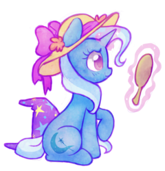 Size: 1280x1335 | Tagged: safe, artist:dawnfire, trixie, pony, unicorn, g4, accessory swap, blushing, clothes, cute, diatrixes, female, glowing horn, hat, hate, horn, levitation, magic, mare, mirror, raised hoof, simple background, smiling, solo, sparkles, sun hat, telekinesis, transparent background, trixie's hat