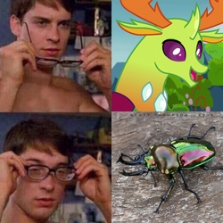 Size: 1564x1564 | Tagged: safe, edit, edited screencap, screencap, thorax, beetle, changedling, changeling, human, insect, stag beetle, g4, cropped, cute, glasses, happy, irl, irl human, king thorax, male, meme, open mouth, peter parker, photo, shiny, smiling, spider-man, that explains everything, thorabetes, wat