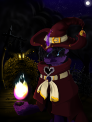 Size: 720x960 | Tagged: safe, artist:jincoy, oc, oc only, oc:culpepper, pony, unicorn, clothes, dark background, dark magic, female, glowing eyes, hat, magic, mare, moon, night, solo, witch, witch hat