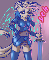 Size: 1500x1841 | Tagged: safe, artist:derpifecalus, anthro, armor, commission, female, knight, sketch, solo, sword, tail, weapon, wings, your character here