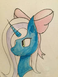 Size: 1280x1707 | Tagged: safe, artist:marian-rose, oc, oc only, oc:fleurbelle, alicorn, pony, alicorn oc, blue coat, bow, bust, clothes, eyelashes, female, hair bow, looking away, mare, solo, traditional art, watercolor painting, yellow eyes