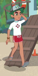 Size: 223x450 | Tagged: safe, screencap, timber spruce, equestria girls, equestria girls series, g4, turf war, arm behind head, arms, cap, clothes, feet, hat, legs, lifeguard, lifeguard timber, sandals, shorts