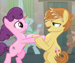 Size: 1106x939 | Tagged: safe, screencap, feather bangs, sugar belle, earth pony, pony, unicorn, g4, hard to say anything, bipedal, cropped, dancing, duo, female, frown, gritted teeth, holding hooves, lidded eyes, looking at each other, male, mare, open mouth, smiling, stallion