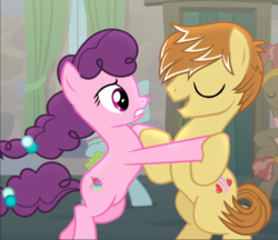 Size: 1087x940 | Tagged: safe, screencap, feather bangs, sugar belle, pony, g4, hard to say anything, bipedal, cropped, dancing, eyes closed, female, frown, gritted teeth, holding hooves, male, mare, open mouth, smiling, stallion