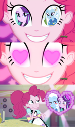 Size: 1280x2160 | Tagged: safe, artist:themexicanpunisher, edit, edited screencap, screencap, pinkie pie, starlight glimmer, trixie, coinky-dink world, equestria girls, equestria girls specials, g4, my little pony equestria girls, my little pony equestria girls: mirror magic, my little pony equestria girls: summertime shorts, female, heart eyes, lesbian, meme, pinkie's eyes, ship:startrix, shipping, smiling, wingding eyes