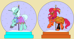 Size: 3720x1968 | Tagged: safe, artist:icicle-niceicle-1517, artist:rosefang16, oc, oc only, oc:crystal snowflake, oc:fire dancer (ice1517), earth pony, pony, unicorn, bridle, chest fluff, clothes, collaboration, dress, ear fluff, ear piercing, earring, eyes closed, eyeshadow, feather, feather in hair, female, fluffy, jewelry, leg fluff, makeup, male, mare, nose piercing, piercing, pole, raised hoof, scarf, simple background, snow, snow globe, stallion, tack, tattoo, unshorn fetlocks, yellow background